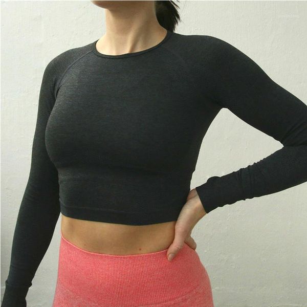 yoga outfits long sleeve gym seamless shirt slim breathable thumb hole sport fitness women sports wear for 3 colors1, White;red